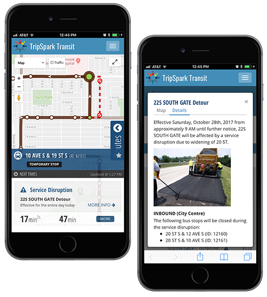 Temporary stops are clearly indicated, along with real-time next bus information and detour information