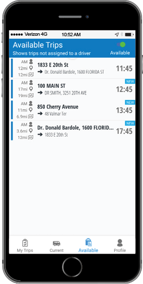 Drivers self-select trips to perform from a list of a list of available trips.