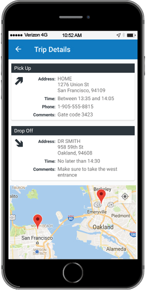 Drivers see pick-up, drop-off off, and navigational information.