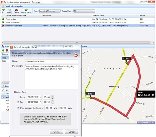 Create a description for the service interruption and set the effective dates and times in Streets Schedule