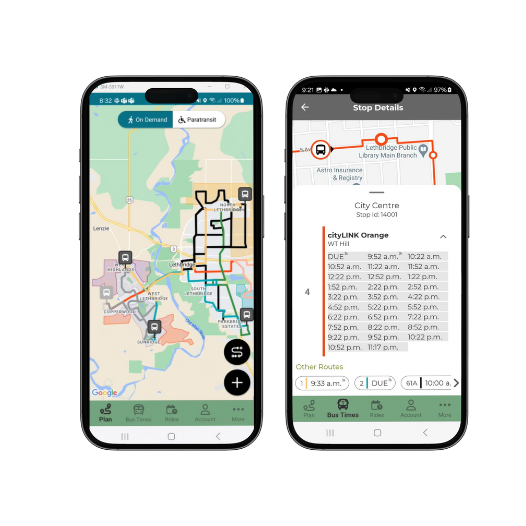 Rides on Demand mobility app with image of two phone screens showing map with colored routes and an arrival schedule for a stop